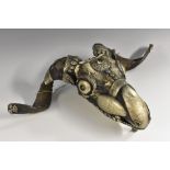 A Tibetan Buddhist silver coloured metal mounted goat skull Kapala mask,