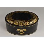 A 19th century toleware rectangular cash box, brass angular swan neck handle, 32cm wide, c.