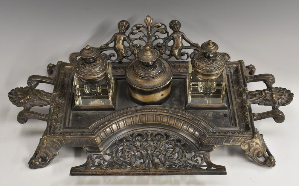 A 19th century French inkstand, cast in the Renaissance Revival taste with terminal figures,