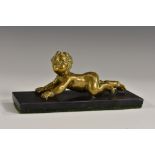 Continental School (19th century), a cabinet bronze, of a putto, crawling, rectangular marble base,