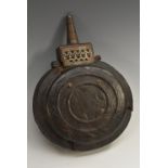 A Middle Eastern/North African leather moon shaped powder flask, pierced steel mount.21.