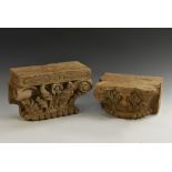 An Indian hardwood architectural fragment, carved as a Corinthian capital, 27cm wide,