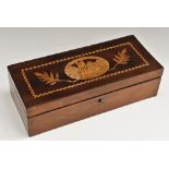 An Irish Killarney marquetry rectangular box, hinged cover inlaid with a view of Muckross Abbey, Co.