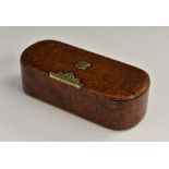 A 19th century gilt metal mounted burr walnut snuff box, hinged cover, 10cm wide, c.