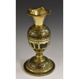 An Ottoman brass and tortoiseshell vase or hookah base, frilled everted rim,