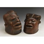 Tribal Art - a Makonde Mapiko helmet mask, open mouth with teeth, with hair, Tanzania; another,