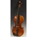 A violin, the two-piece back 33.5cm long excluding button, outlined throughout with purfling, 56.