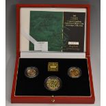 Gold coins: Royal mint UK gold proof coin set 2001: Marconi £2, sovereign and half sovereign,