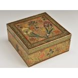A Kashmiri penwork rectangular box, push-fitting cover with armorial and thistle,