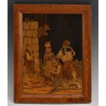An Italian marquetry panel, inlaid in coloured woods with rural children and a dog, 20.5cm x 15.