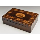 A 19th century Italian marquetry rectangular work box, the hinged cover inlaid with a coastal fort,