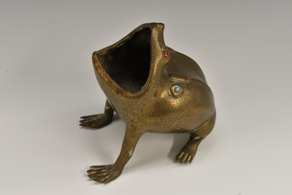 A 19th century bronze censer, as a toad, set with cabochons,