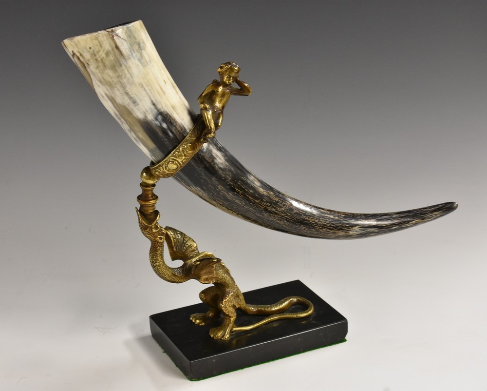 A 19th century bronze mounted drinking horn stand,