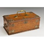 An Edwardian oak cigar box, applied with pierced brass cut-card work,