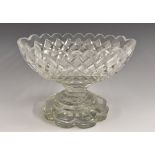 A large 19th century cut glass boat shaped sweeetmeat vase, probably Irish, shaped circular foot,