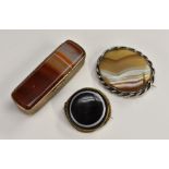 A 19th century agate and gilt metal vesta or toothpick case, hinged cover, engine turned sides, 6.