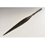 Tribal Art - a Kuba spear head, 50cm narrow leaf-shaped blade with central ridge, 76cm long,
