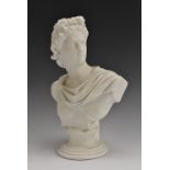 A 19th century parian ware Grand Tour bust, The Apollo Belvedere, after the antique, socle base,