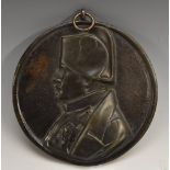 A 19th century dark patinated bronze portrait roundel, Napoleon Bonaparte, bust lrength in relief,
