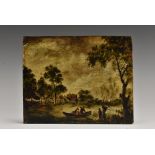 A 19th century Dutch mahogany panel, depicting a rural scene, 12.5cm x 15.