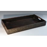An Anglo-Indian hardwood rectangular gallery tray, pierced carrying handles,