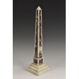 An amethyst quartz and white marble library obelisk, stepped square base, 40.