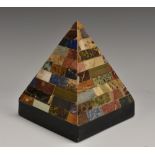 A pietra dura desk model, of a pyramid, inlaid with lapis lazuli,