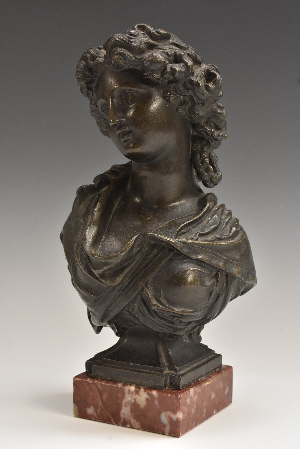 Continental School (19th century), a dark patinated spelter bust, of a young beauty,