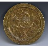 A 19th century French Revivalist gilt-patinated bronze circular dish, cast in high and low relief,