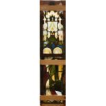 A Gothic Revival stained glass panel, the Medieval Perpendicular entablature crested by a castle,
