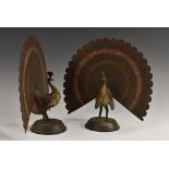 A pair of Indian Kashmiri bronze peacocks, their tails at full display,