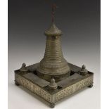 A substantial 19th century Indian paktong partners' desk stand, centred by an Islamic tower,