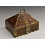 An Indian brass mounted nettur petti box, of traditional form, hinged cover with swan neck handle,
