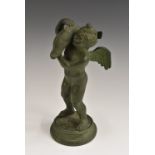 Neapolitan Grand Tour School, a verdigris patinated bronze, Winged Putto with Dolphin,