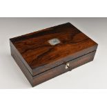A large George IV rosewood rectangular artist's box, hinged cover enclosing a lift-out tray,