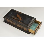 An early 19th century penwork box, decorated with a bird, drawer to side, 16cm wide, c.