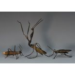 Trench Art - a set of three insects, comprising a praying mantis, wasp and grasshopper,