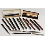 Pens - a Parker Duofold fountain pen, 14ct gold nib, black barrel and screw-fitting lid; others,