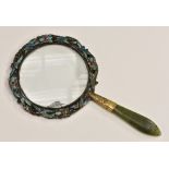 A Chinese spinach jade and champleve enamel magnifying glass,
