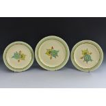 A pair of Clarice Cliff Pansy pattern side plates, 19cm diameter, another dessert plate similar, 21.