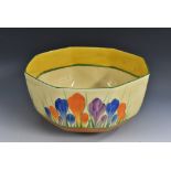 A Clarice Cliff Bizarre Crocus pattern octagonal fruit bowl, 21cm diameter,