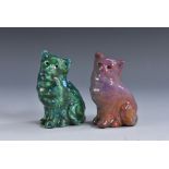 A Bernard Moore miniature model of a seated cat, mottled mauve, pink and grey glaze,