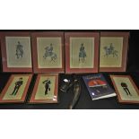 A kukri; a set of four Regimental cavalry prints; three others similar; a book,