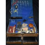 Boxes and Objects - an Oriental lacquered wash box, sewing items, clay pipes, lighters, spectacles,