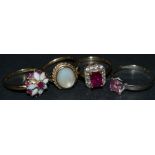 Rings - a 9ct white gold pink Cz solitaire dress ring; others floral cluster, oval mother of pearl,