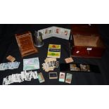 Boxes and objects - a mahogany box and contents to include a quantity of coins; a silver dollar;