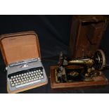 A Singer manual sewing machine, cased; a Brother portable typewriter,