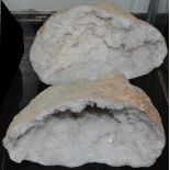 Geology - a quartz geode, bisected to expose crystalline matrix, each section 18cm x 10.