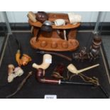 Smoking Interest - a treen pipe rack; pipes including meerschaum, clay, novelty,