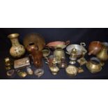 Metalware - copper and brass, including rose bowl, hanging oil lamp, fondue set, warming pan; etc,